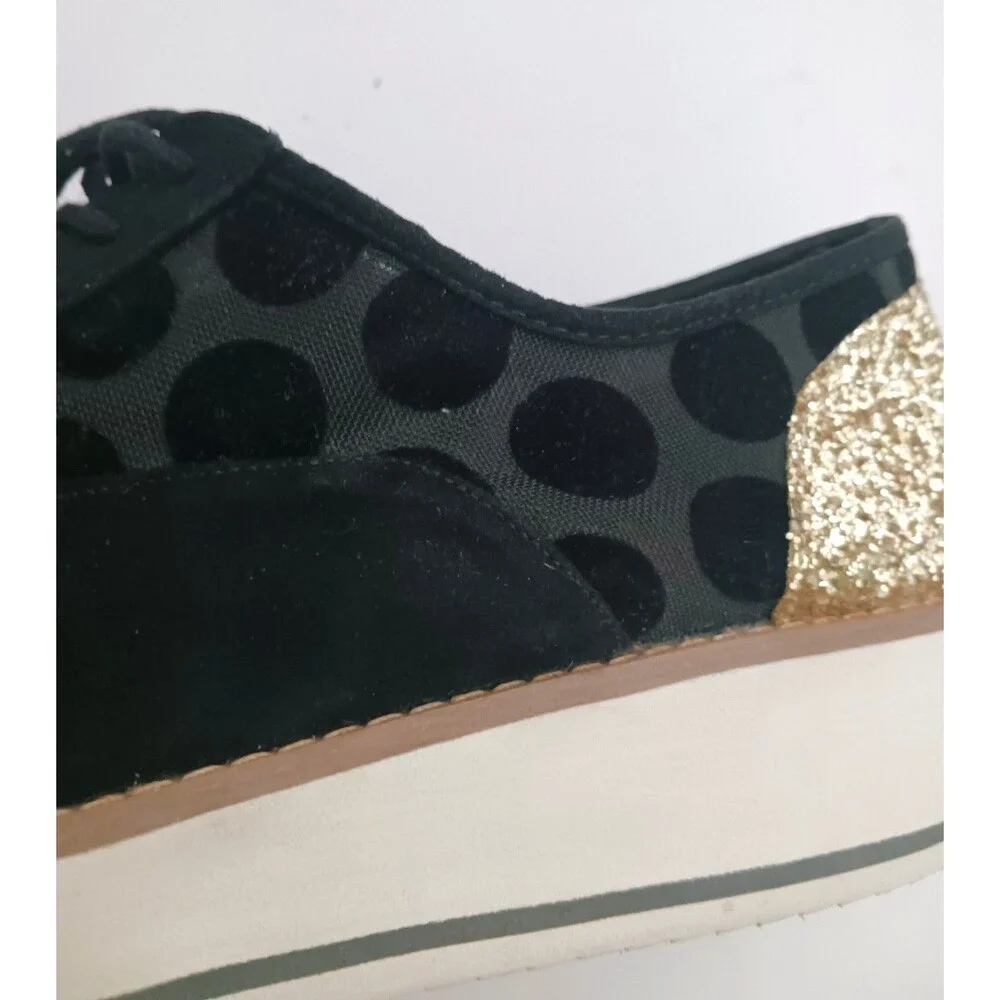 Betsey Johnson Winnie Platform Lace Up Oxford Blk Suede/Mesh Gold Sequin Heart